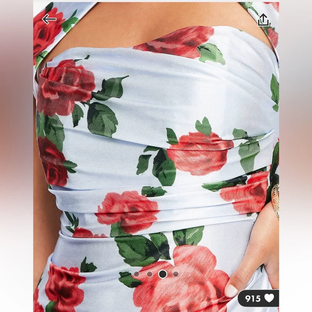 NWT! Size 14 mandarin style collar satin floral print dress. Light blue w roses - Picture 3 of 4